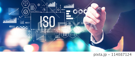 ISO theme with a businessman holding a marker ISO theme with a businessman holding a marker 114087124