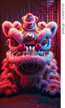 Lion dance costume performing in China, Lunar new year celebration. Generative AI 114087310