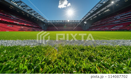 Football pitch at the Euro cup red stadium. Generative AI Football pitch at the Euro cup red stadium. Generative AI 114087702