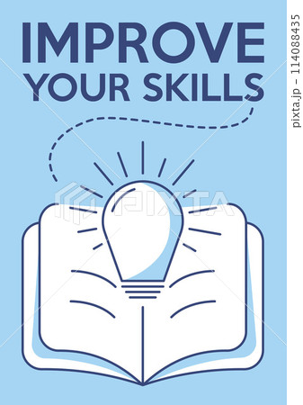 Open book with light bulb. Improve your skills, education concept, increasing knowledge, personal growth and development, way to success. Vector minimalist poster, a4 format. For banner, cover, web 114088435