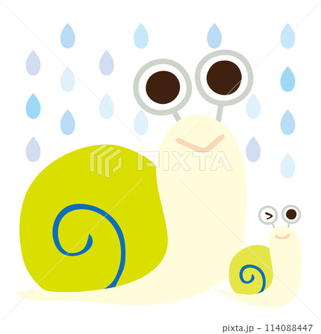雨の中お散歩をするかたつむりの親子のベクターイラスト 114088447