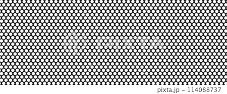 Perforated metal texture. Pegboard, radiator or speaker grill surface with repeated round holes. White circular dots on black background. Mosaic wall or floor pattern. Vector graphic illustration 114088737