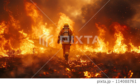 Firefighter in Safety Uniform and Helmets Extinguishing a Wildland Fire, Firefighter in Safety Uniform and Helmets Extinguishing a Wildland Fire, 114088761