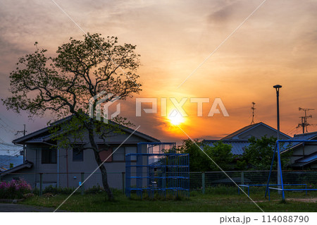 初夏奈良市の住宅街に沈む夕日 シルエットになったナンキンハゼの若葉とジャングルジム② 初夏奈良市の住宅街に沈む夕日 シルエットになったナンキンハゼの若葉とジャングルジム② 114088790