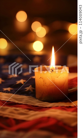A glowing candle set against the backdrop of an American flag, capturing a moment of remembrance and respect. 114089043