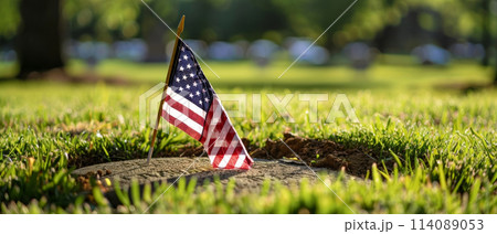 A solitary American flag on a weathered wooden cross at a veterans cemetery, conveying a message of memory and respect. 114089053