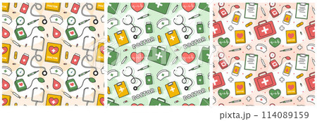 Doctors Seamless Pattern Design with Medical Equipment in Template Hand Drawn Cartoon Illustration 114089159