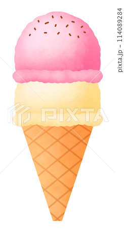 バニラ味とストロベリー味のコーン付き2段アイスクリームのイラスト 114089284