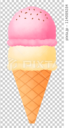 Illustration of a two-tiered ice cream cone with vanilla and strawberry flavors 114089284