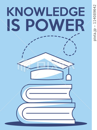 Stack of books and academic cap. Knowledge is power, education concept, increasing knowledge, personal growth, way to success. Vector minimalist poster, a4 format. For banner, cover, web 114089642