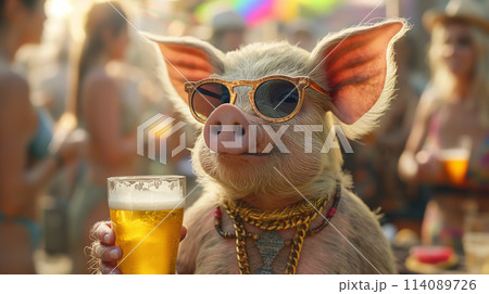 サングラスをした豚がビールを飲む 114089726