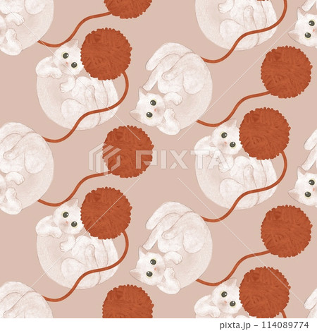 白猫と毛糸のシームレスパターン 114089774