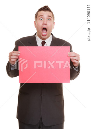Funny business man holding sign red blank Funny business man holding sign red blank 114090152