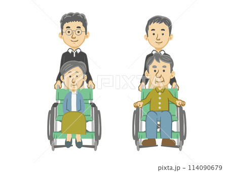 車椅子に乗ったシニアと介護士（線画） 114090679