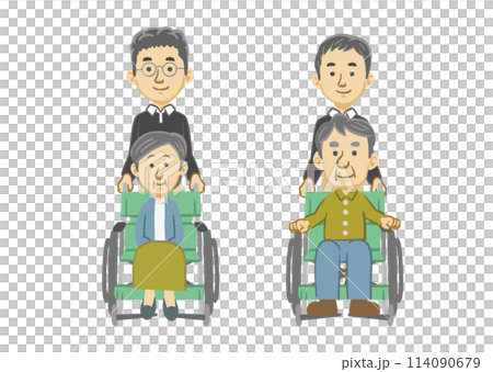 車椅子に乗ったシニアと介護士（線画） 114090679