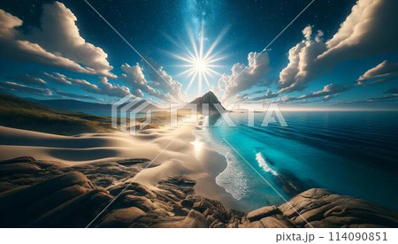 無人島へと続く砂浜とその両側には美しい海 無人島へと続く砂浜とその両側には美しい海 114090851