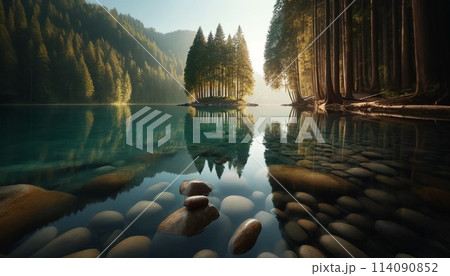 朝日の幻想的な風景。 林からこぼれる朝日と反射する湖 朝日の幻想的な風景。 林からこぼれる朝日と反射する湖 114090852