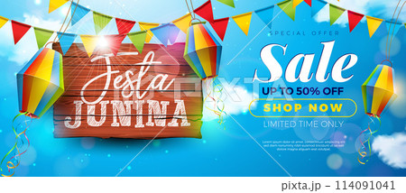 Festa Junina Sale Promotional Business Illustration with Paper Lantern and Vintage Wood Board on Blue Cloudy Sky Background. Festa de Sao Joao Vector Special Offer Illustration for Coupon, Voucher 114091041