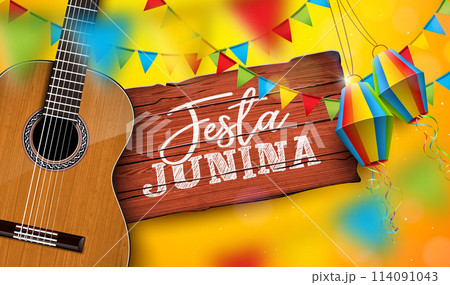 Festa Junina Illustration with Acoustic Guitar, Party Flags and Paper Lantern on Yellow Background. Typography on Vintage Wood Table. Vector Brazil June Festival Design for Greeting Card, Invitation 114091043