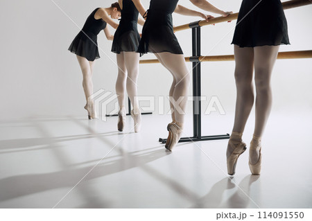 Cropped image of female legs in pointe shoes, ballerinas standing at barre and training against grey studio background. Accuracy in every step Cropped image of female legs in pointe shoes, ballerinas standing at barre and training against grey studio background. Accuracy in every step 114091550