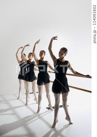 The art of ballet dance. Four graceful teen girls, ballet dancers standing at barre and practicing before performance The art of ballet dance. Four graceful teen girls, ballet dancers standing at barre and practicing before performance 114091602