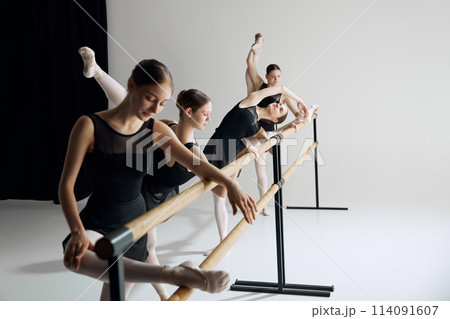 Studio ballet practice. Elegant teen girls practicing at dance class, standing at barre and training against grey studio background Studio ballet practice. Elegant teen girls practicing at dance class, standing at barre and training against grey studio background 114091607