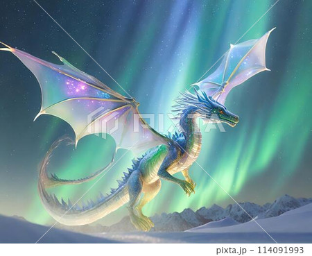 オーロラの輝きをしたクリスタルのドラゴン・龍が飛ぶ 幻想的な世界 の