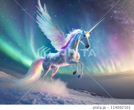 オーロラの輝きをしたクリスタルのユニコーンが飛ぶ 幻想的な世界 の