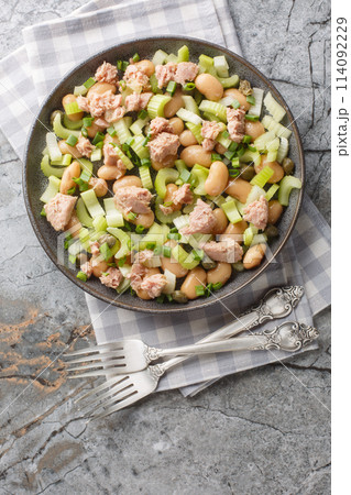 Tuna celery butter beans salad with green onions and capers close-up in a plate. Vertical top view Tuna celery butter beans salad with green onions and capers close-up in a plate. Vertical top view 114092229
