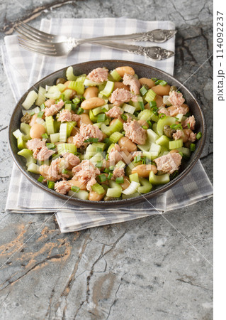 Tuna celery butter beans salad with green onions and capers close-up in a plate. Vertical Tuna celery butter beans salad with green onions and capers close-up in a plate. Vertical 114092237