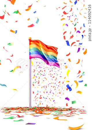 A rainbow flag is flying in the air with confetti falling around it 114092416