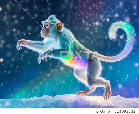 オーロラの輝きをしたクリスタルの猿が飛び跳ねる 幻想的な世界の