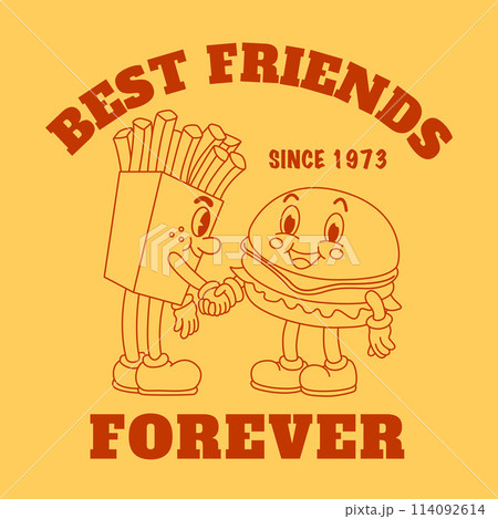 Best friends forever, Retro groovy characters, cute cartoon hamburger and french fries. Vector Illustration 114092614