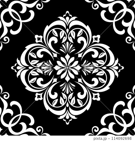 Wallpaper in the style of Baroque. Seamless vector background. White and black floral ornament. Graphic pattern for fabric, wallpaper, packaging. Ornate Damask flower ornament. Wallpaper in the style of Baroque. Seamless vector background. White and black floral ornament. Graphic pattern for fabric, wallpaper, packaging. Ornate Damask flower ornament. 114092698