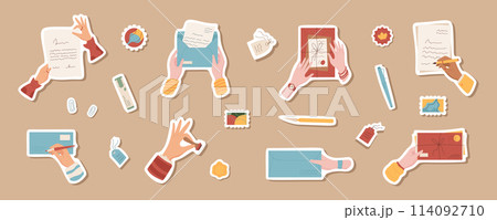 Cartoon hands write letters and hold mails sticker collection, flat isolated hand sends craft post card patch, trendy character receives handwritten mail illustration, creative style postcard design. Cartoon hands write letters and hold mails sticker collection, flat isolated hand sends craft post card patch, trendy character receives handwritten mail illustration, creative style postcard design. 114092710