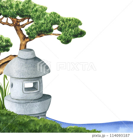 Stone Lantern and Bonsai tree of Pine for the Japanese Garden isolated. Hand drawn Watercolor illustration sculpture with copy space. Japanese stone statue, Landscape design element Stone Lantern and Bonsai tree of Pine for the Japanese Garden isolated. Hand drawn Watercolor illustration sculpture with copy space. Japanese stone statue, Landscape design element 114093187