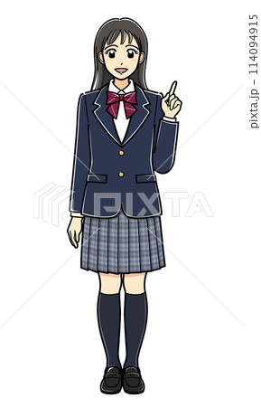 指差しポーズで話すブレザーの女子高生 114094915