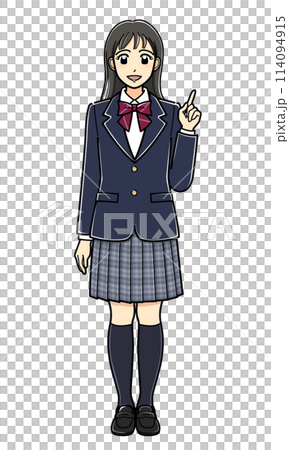 指差しポーズで話すブレザーの女子高生 114094915
