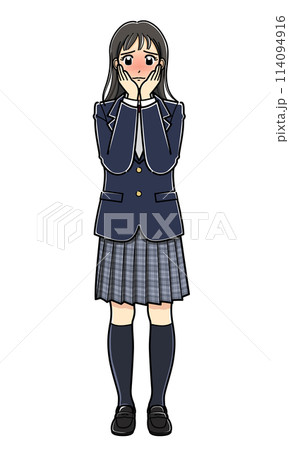両手を頬に当てて顔を赤らめるブレザーの女子高生 114094916