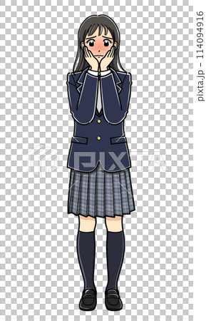 両手を頬に当てて顔を赤らめるブレザーの女子高生 114094916