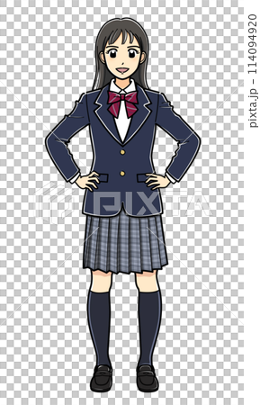 A high school girl in a blazer standing with her legs apart 114094920