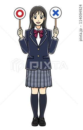 マルとバツの札を持つブレザーの女子高生 114094924