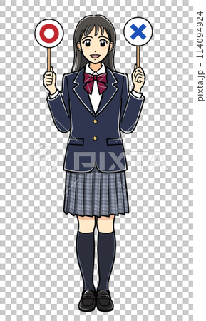 マルとバツの札を持つブレザーの女子高生 114094924
