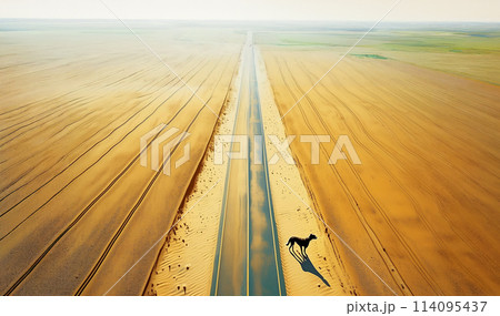 夕暮れの海に続く永遠の道と犬 114095437