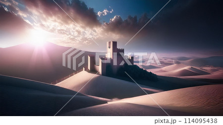砂漠に差し込む太陽光線と古いお城 114095438