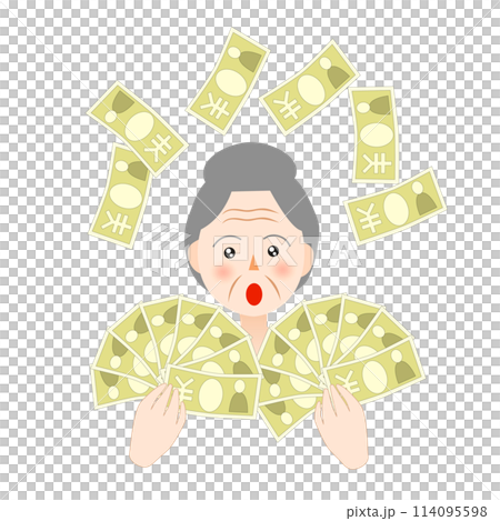 大金を手に持つおばあさん 大金を手に持つおばあさん 114095598