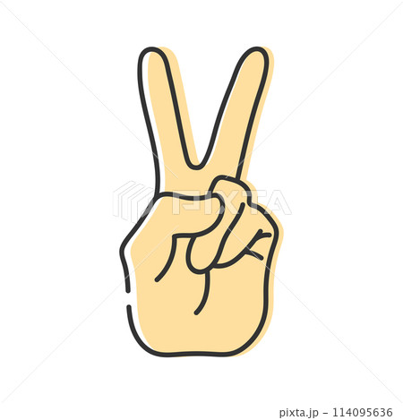 Human hand making peace sign. Line icon isolated blue background. Peace gesture. Vector illustration Human hand making peace sign. Line icon isolated blue background. Peace gesture. Vector illustration 114095636