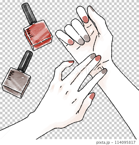 Hands with nail polish: Red, brown 114095817