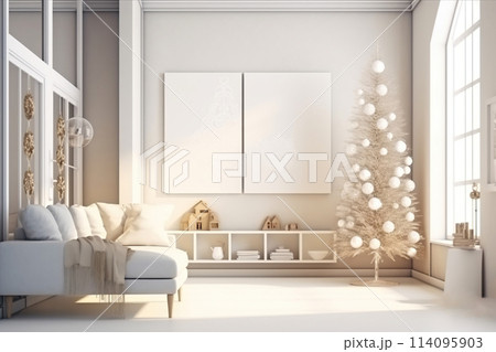 Print mockup in Loft apartment with Christmas tree 114095903
