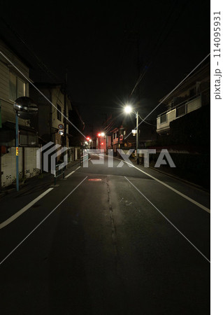 真夜中の住宅街、暗がりの路地、閑静な住宅街の夜道 真夜中の住宅街、暗がりの路地、閑静な住宅街の夜道 114095931